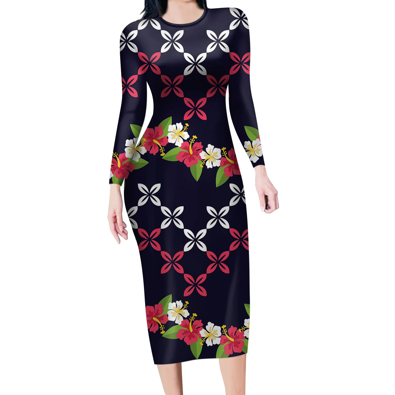 

Hawaiian Polynesian Traditional Tribal Frangipani Print Women Dresses Evening Long Sleeve Round Neck Bodycon Sexy Long Dress