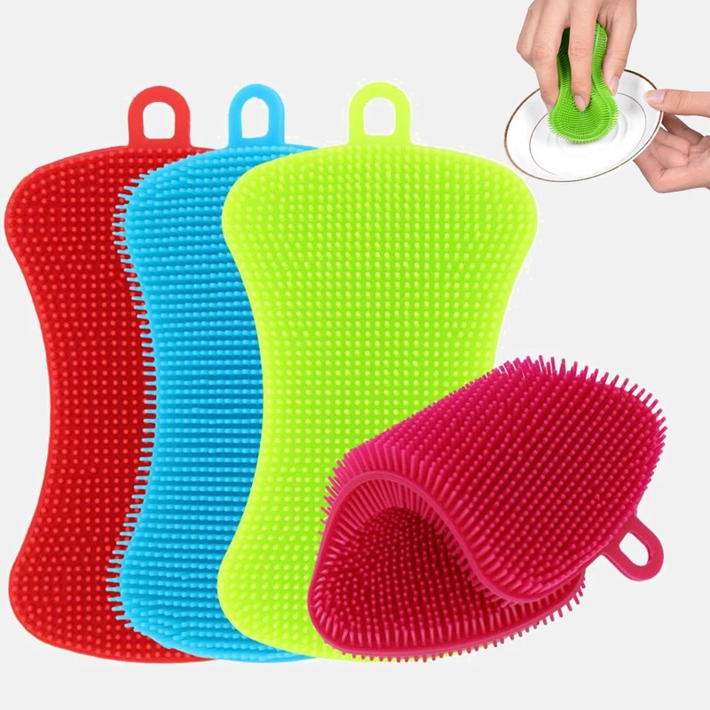 1/2/3pcs Kitchen Cleaning Brush Washing Cleaning Brushes Pot Pan Sponge Scrubber Fruit Vegetable Dish Silicone Dishwashing Brush