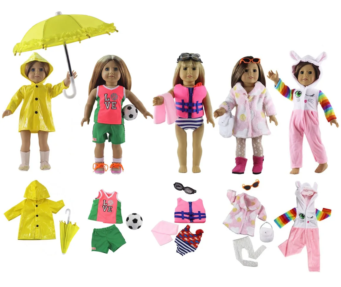 

New 5 Set Doll Clothes+2 pairs glasses+1 bags+1 umbrella+1 football+1 towel for 18 inch American Doll Outfit
