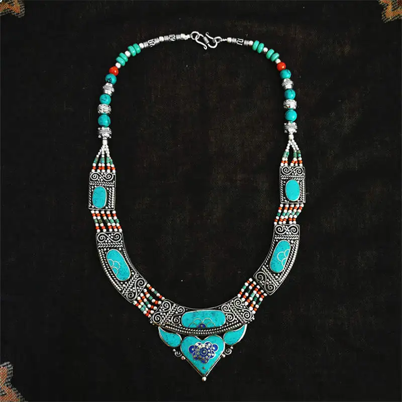 Indian BOHO Vintage Necklace Copper Inlaid Big Pendant Necklaces Tibetan jewelry TNL175