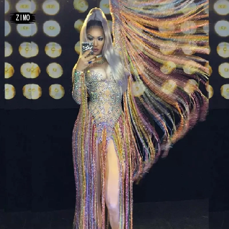 Cristalli luccicanti Tuta Sexy Lungo Multi colore della Nappa di Strass Tuta Delle Donne Vestito Discoteca Fase Cantante Costumi di Danza