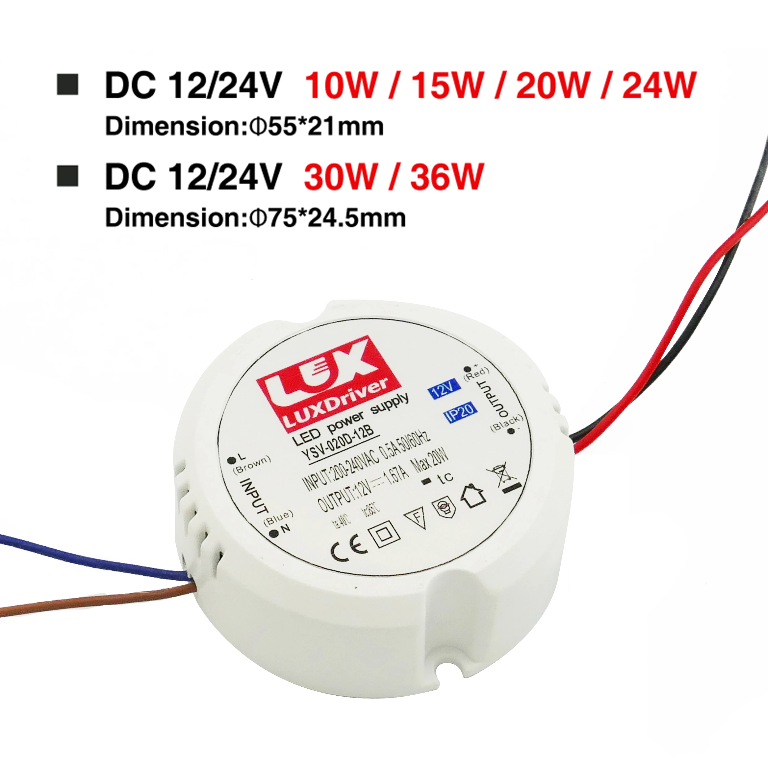 Forma redonda Mini Power Supply, LED Driver, DC 24W, 12V, 24V