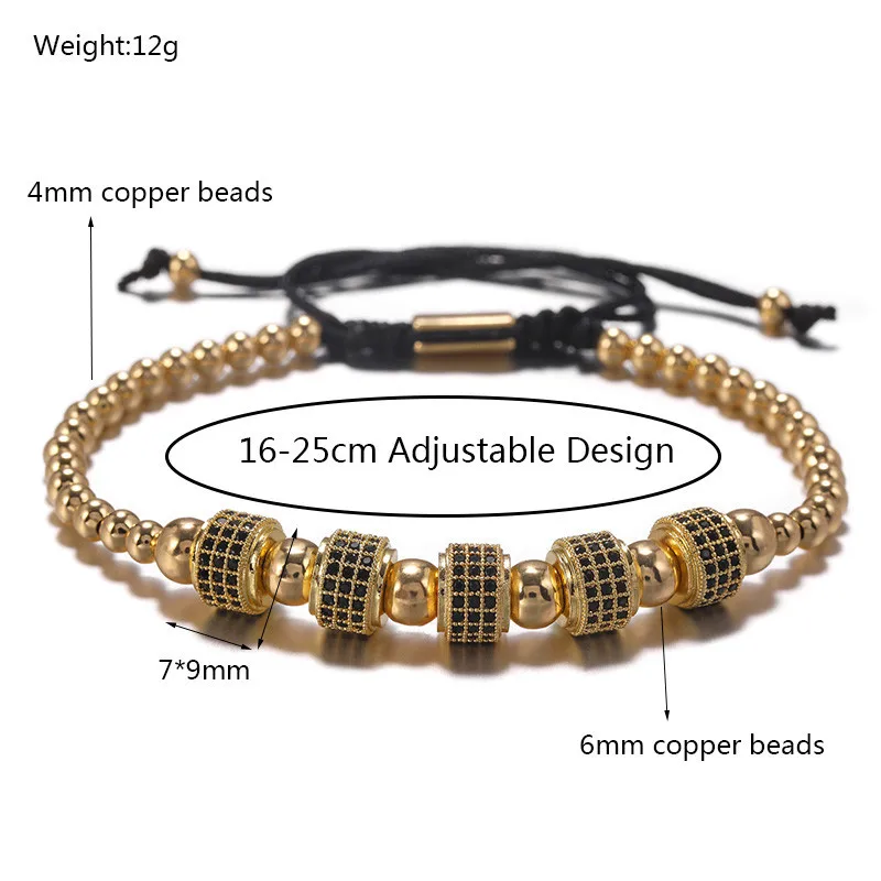 Round Black CZ Zircon Pave Tube Charm Spacer Braiding Bracelet Men Copper Beaded Weaving Bracelet Homme Adjustable Dropshipping