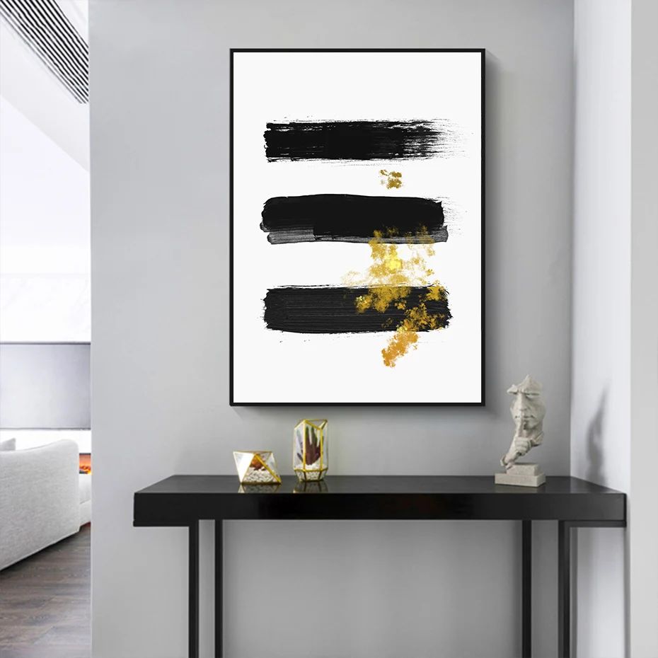 Modern Abstract Black Gold Brush Stroke Ink Minimalist Canvas Painting Wall Art Poster Print Picture Living Room Home Decoration