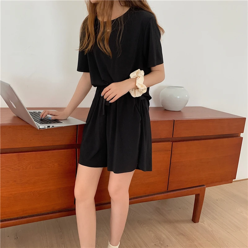 Summer Casual 2 Piece Women Set  Short Sleeve Tops And Shorts Elastic Waist Soft Cool Lce fabric Two Piece Set Woman Outfits