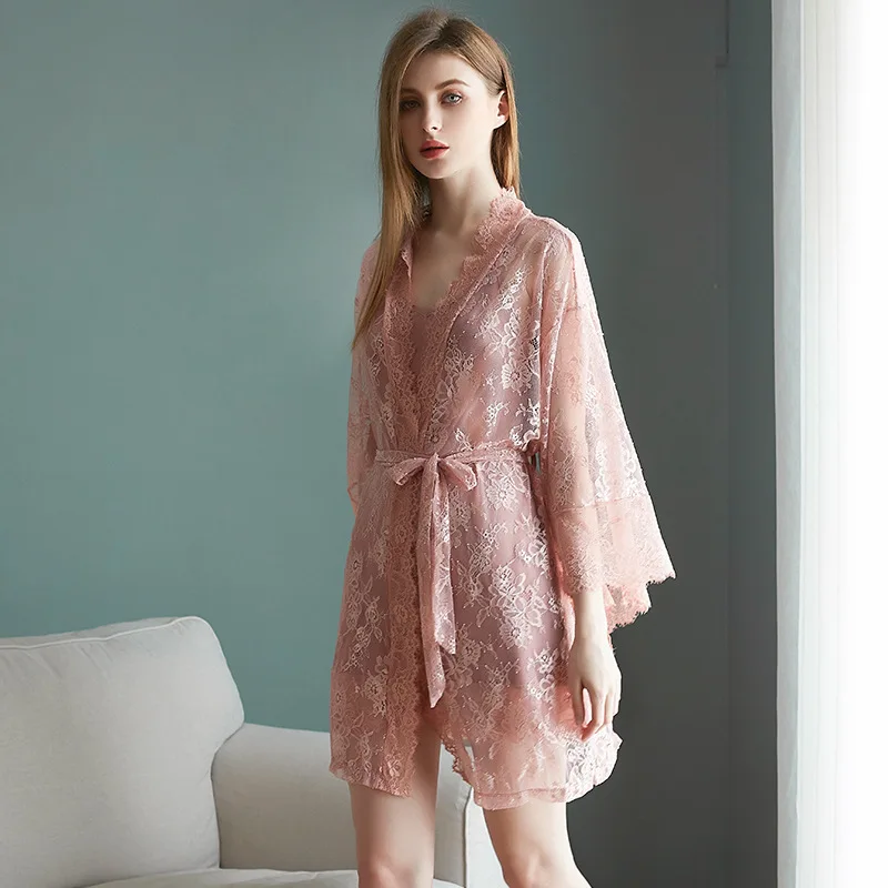 New Summer Ice Silk Thin Straps Nightdress Sexy Lace Perspective Ladies Nightdress Nightgown Two-piece Suit Female