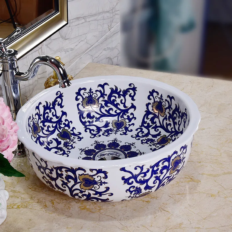 

Blue and white China Handmade Europe Vintage Style Oval Lavobo Ceramic wash basin Bathroom Sink