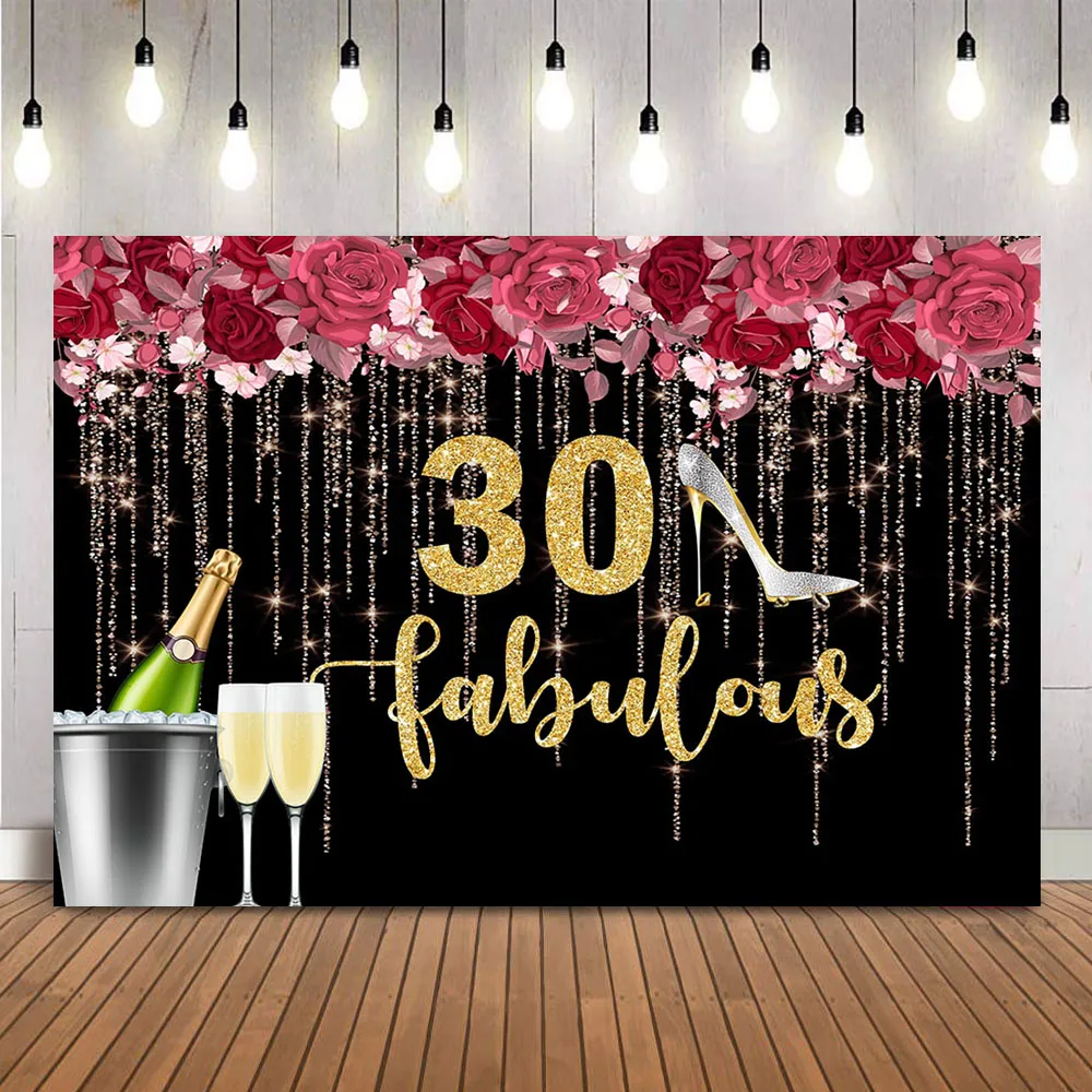 30th Birthday Fabulous Backdrop for Photography Black Red Flowers Photo Background Banner Champagne Decoration Supplies Banner