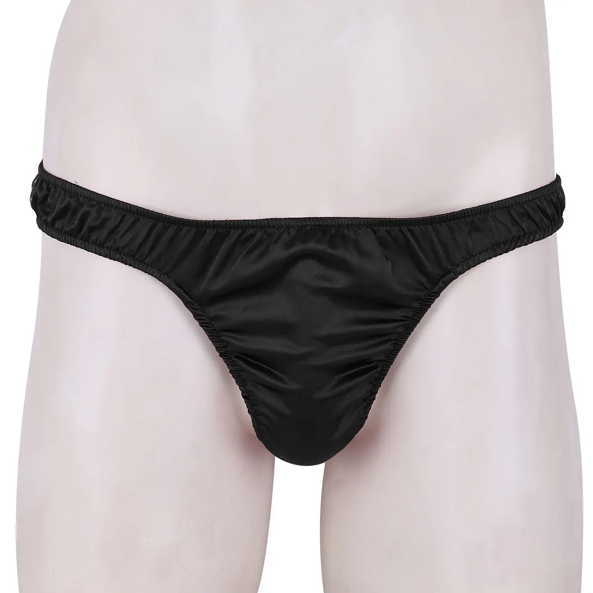 Tanga de satén suave y brillante para hombre, ropa interior Gay, lencería Sexy de tiro bajo con volantes, Bikini, ropa de dormir