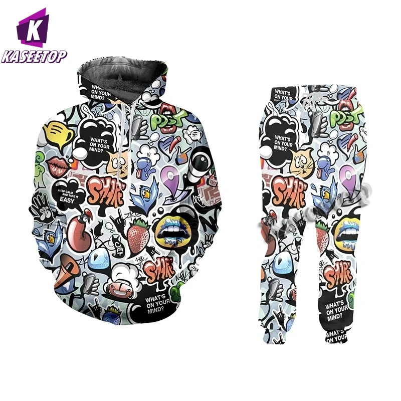 

KASEETOP Men Women Fashion Graffiti Men Sets 3D All Over Print Hip Hop Casual Hoodie Hip Street Art Streetwear Hoodies And Pants