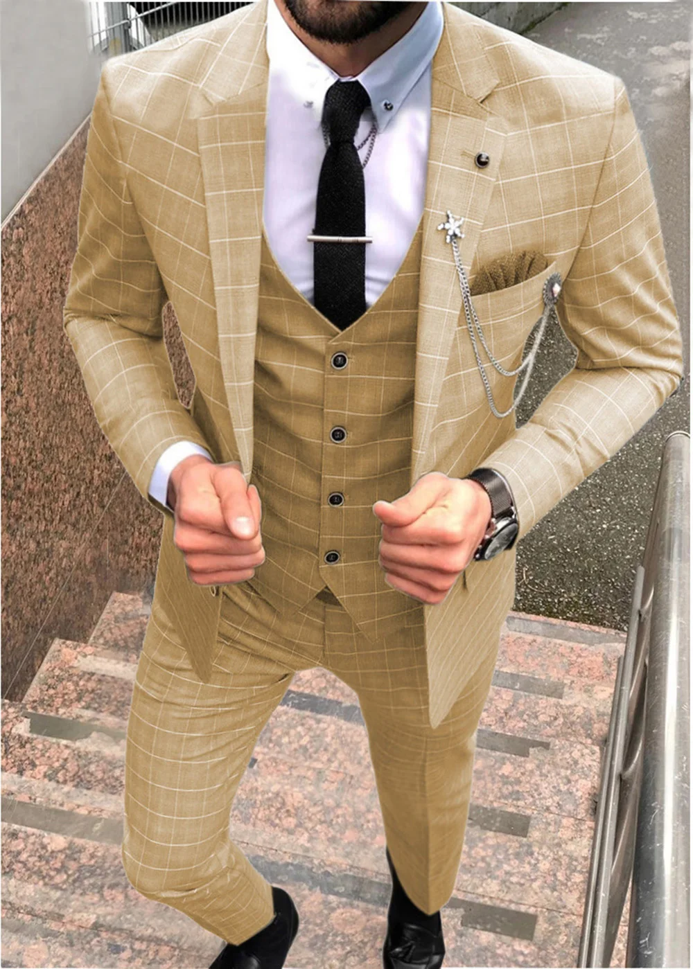 Men\'s Plaid Suits Slim Fit Prom Tuxedos 3 Piece Solid Notch Lapel Tuxedos For Wedding Grooms(Blazer+vest+Pants) Blue/Champagne