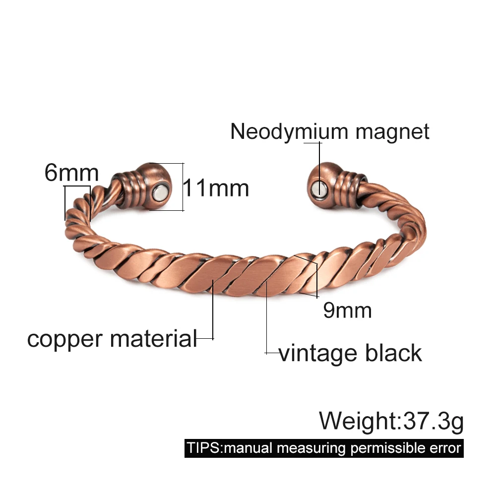 Twisted Pure Copper Magnetic Bracelet Adjustable Health Energy Bangles Arthritis Pain Relief Open Cuff Jewelry Women Resizable