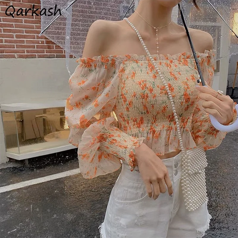 Floral Blouses Women Crop Top Slim Spring Romance Design Elegant Retro Holiday Fashion Soft Sweet Ladies Mujer College Popular