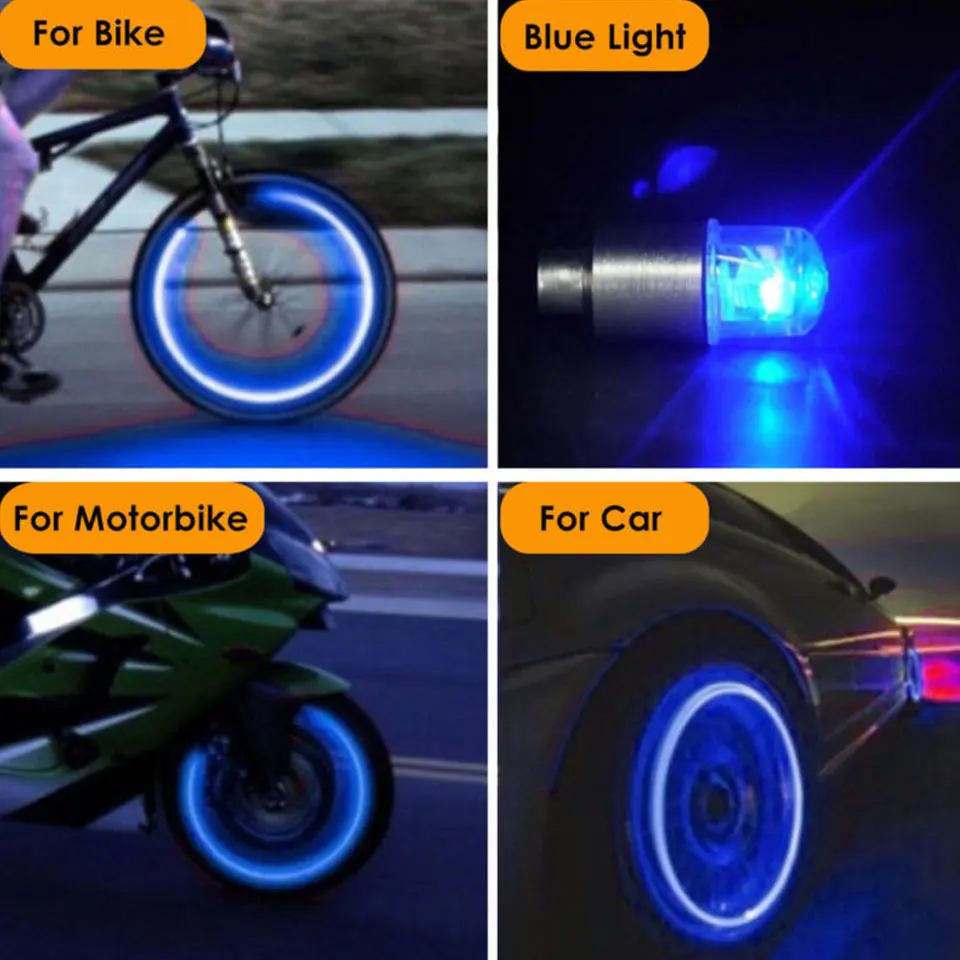 Tampa da válvula do pneu da roda de bicicleta led, poeira, luzes de raio, flash, hastes da válvula, tampas, acessórios, 4 cores, vermelho lâmpada verde azul