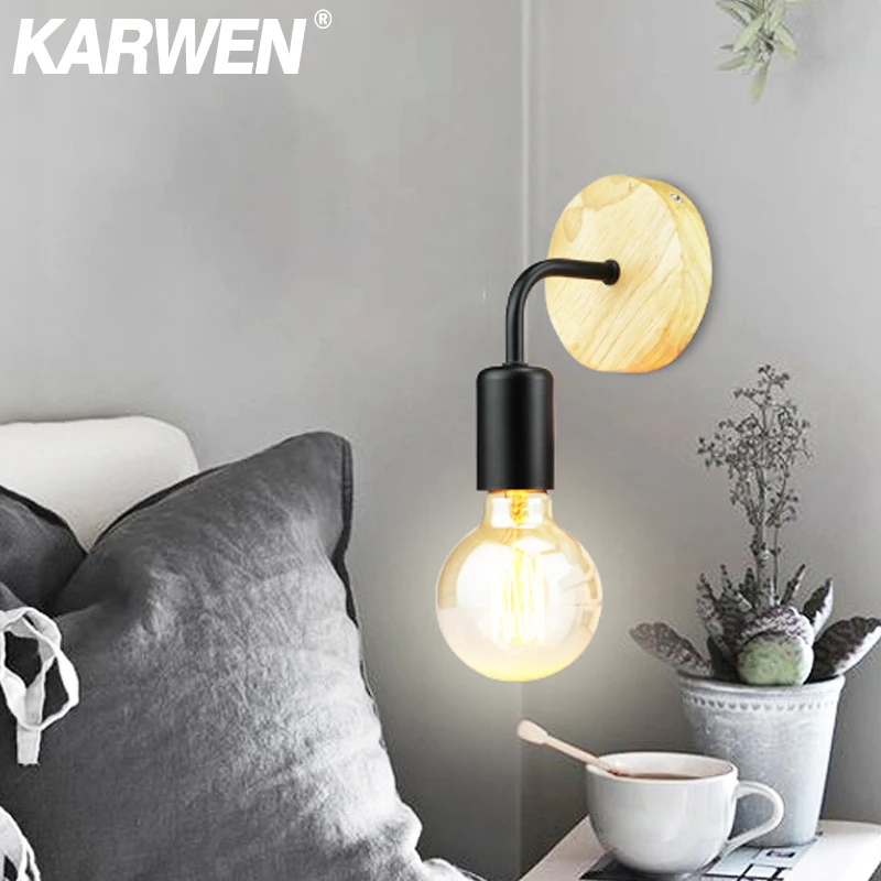 Ściana z drewna lampa Vintage kinkiet E27 110V 220V lampki nocne kinkiet lampa Retro wystrój przemysłowy jadalnia oświetlenie do sypialni