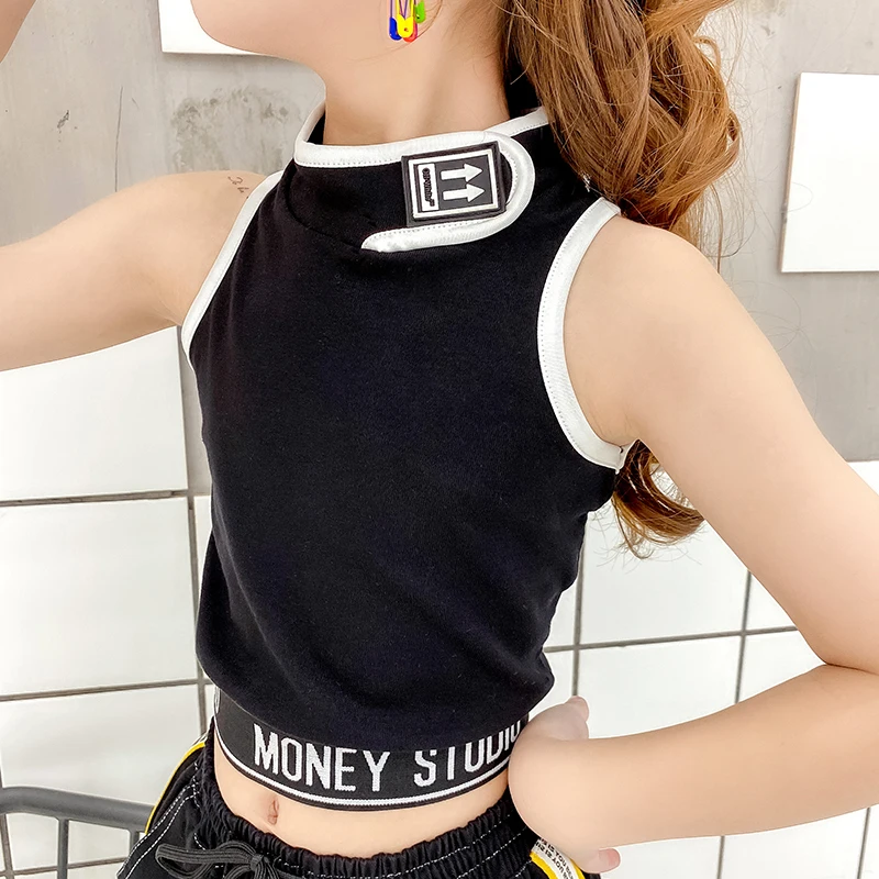 Fashion Girls T-shirt Short Summer Cotton Slim Vest Thin Clothes Hip hop Kids girls Letter Ribbon Splice sleeveless Sweatshirt