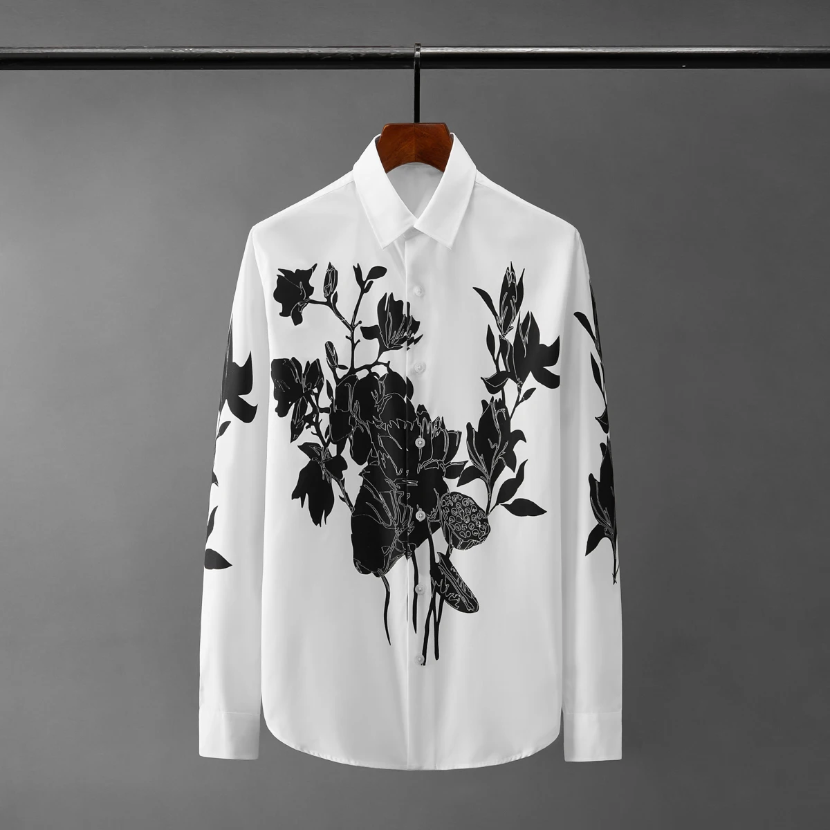 

New Floral Printed Male Shirts High Quality Long Sleeve Casual Party Mens Dress Shirts Fashion Slim Fit White Man Shirts 2XL