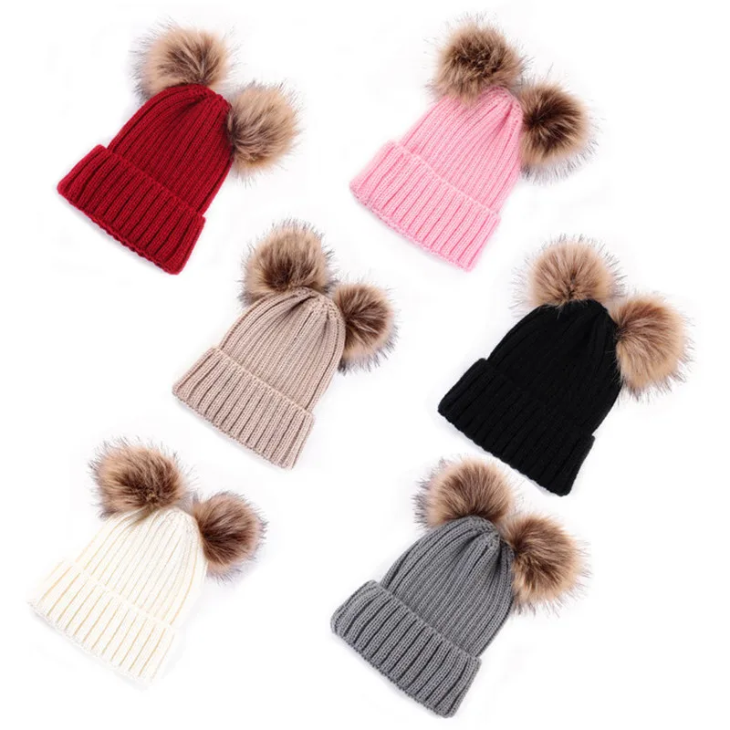 Women Winter Knitted hat Parent-child Baby Girl Cute Thick warm 2 Pom pom Beanies Cap Striped Skullies