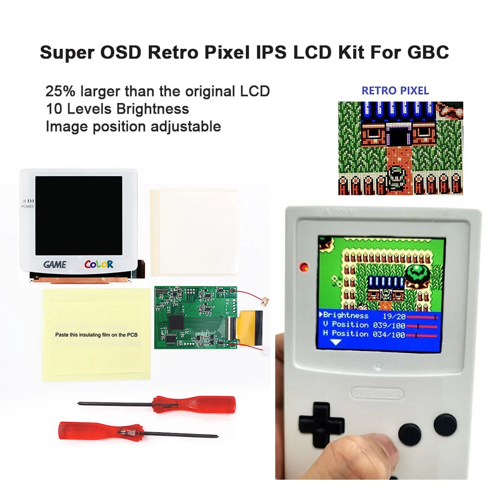 V5 Laminated White Glass Lens OSD Menu Retro Pixel IPS LCD Screen Backlight Kit+Pre-cut Shell For Gameboy Color Console