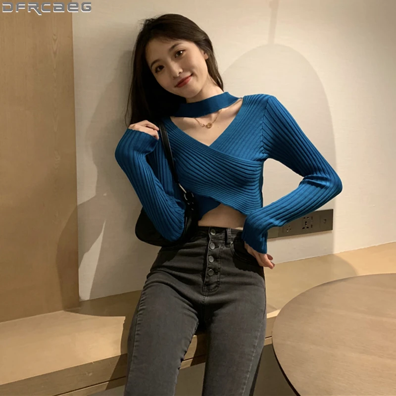 

Autumn Winter Knitwear Cute Crop Tops Sexy V-Neck Tunic Short Knitted Sweater Women Halter Long Sleeve Pull Femme Cross Pullover