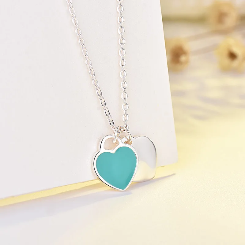 Love Drop Oil Enamel Red Blue Pink Three-color Heart-shaped Necklace Pendant Women\'s Girl Clavicle Chain