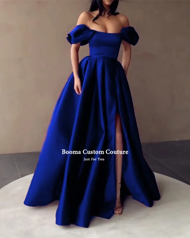 Booma Royal Blue Satin Prom Dresses Strapless Off the Shoulder Split Evening Dresses Pleated A-Line Long Formal Gowns