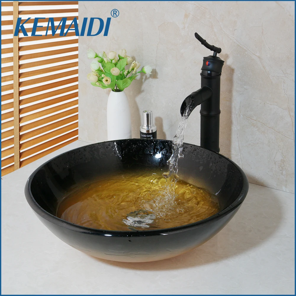 KEMAIDI Bathroom Sink Glass Hand-Paint Lavatory Sink Combine Set Polished Chrome Waterfall Mixer Tap Faucet Wash Basin Sink Tap