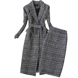 Plaid Suit Women Autumn Winter New Long Woolen Blazer & Skirt Set Temperament Tweed Trench Two Piece Set Ladies Outfit f1834