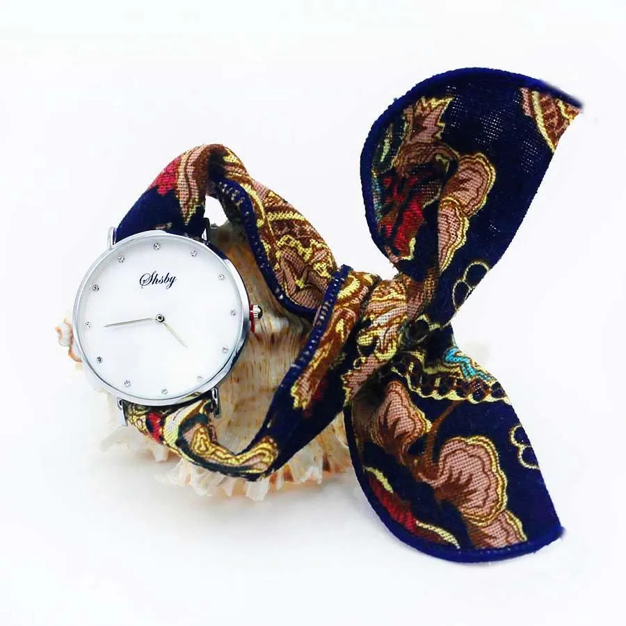 Shsby Ladies Flower Cloth Wristwatch Women Dress Watch Fashion Girl Casual Quartz Watch Big Dril Dial Fabric Clock Birthday Gift