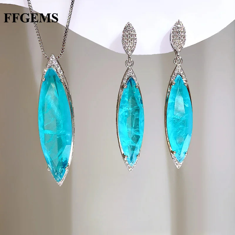 

FFGems Lab Paraiba Set Silver Gold Color Earring Necklace Diaspore Stone Drop Emerald For Women Girl Wedding Gift Wholesale