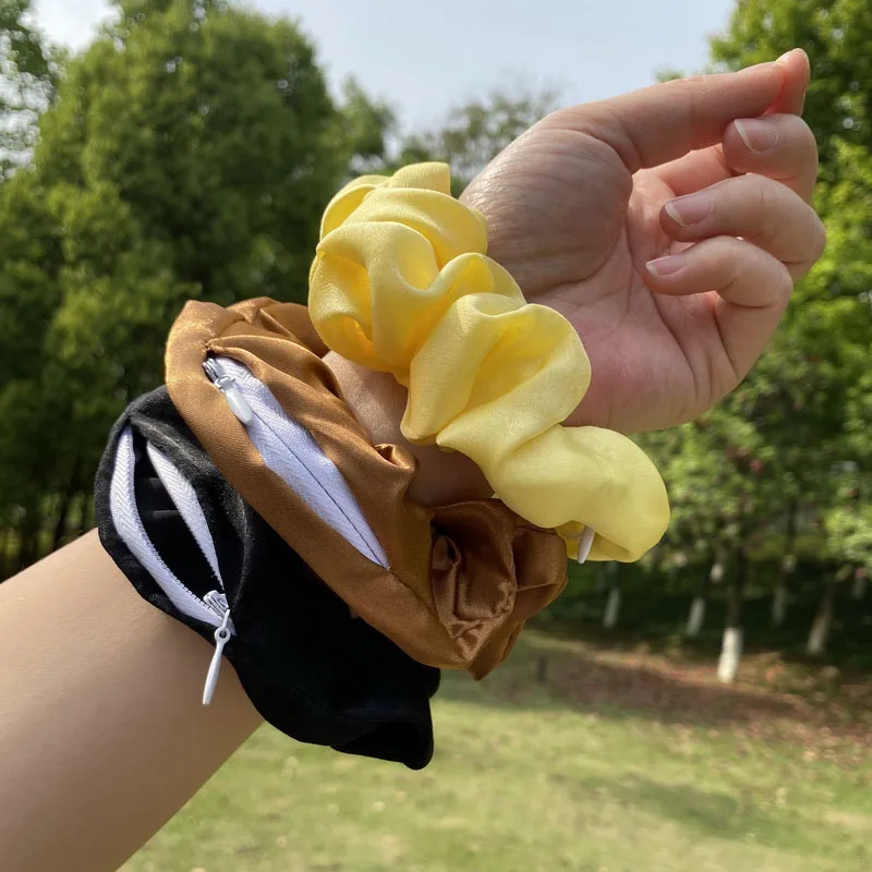 2021 kobiet satynowe Zip Scrunchies elastyczny aksamit Hairbands Leopard chrupiące gumki do włosów kieszeń frotka do wlosow Holder z zamkiem satynowa gumka do włosów błyskawicznym nakrycia pierścionki damskie głowy