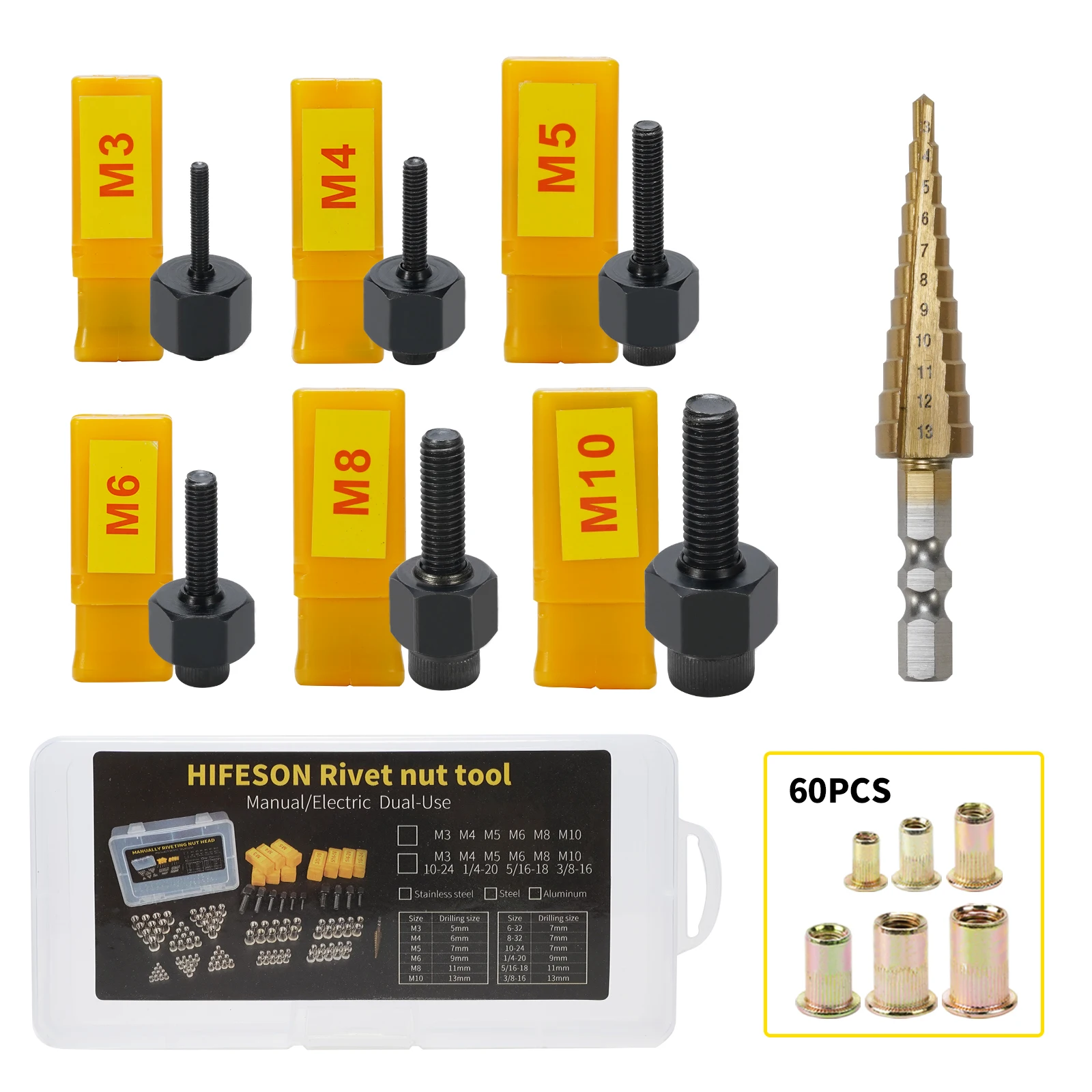 HIFESON Rivet Nut Tool Hand Nuts Riveter Rivnut Tool with Step Drill Accessory Rivet nuts for Nuts M3 M4 M5 M6 M8 M10