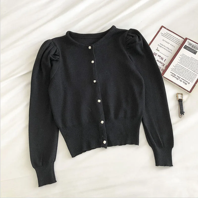 Cardigan da donna stile francese retrò monopetto o-collo manica a sbuffo design elegante vita definita maglioni chic Ulzzang lavorati a maglia