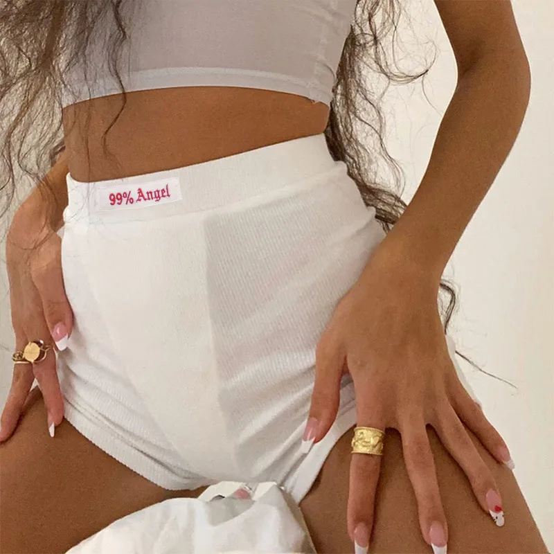 

Summer White Letter Embroidery Biker Shorts Women Ribber Knit Black High Waist Casual Streetwear Shorts