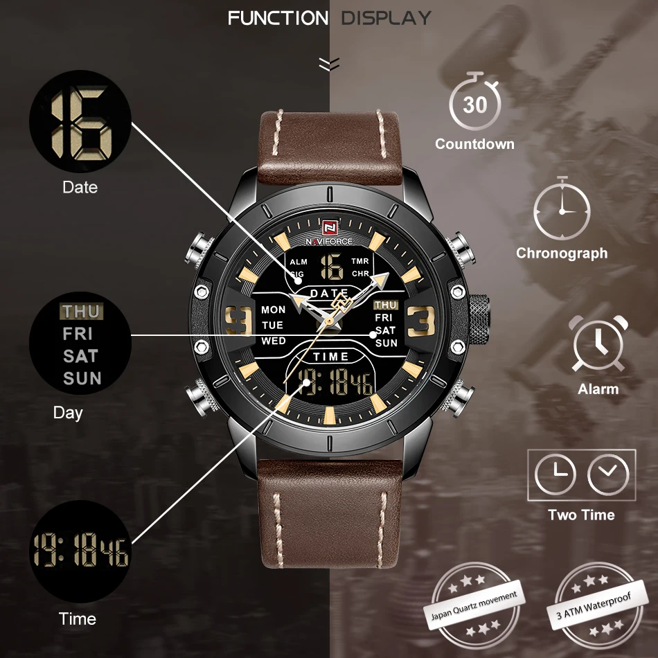 NAVIFORCE Top Brand Luxury Watch Men Military Business Genuine Leather Dual Display Wristwatch LED Date Alarm Men\'s Clock