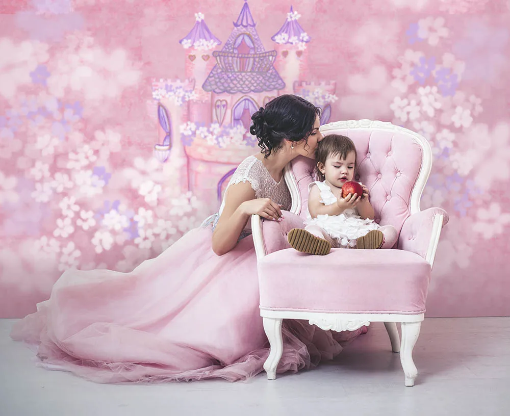 Розовый детский фон с замком для фотостудии, принцесса, день рождения, художественный фон для фотосъемки, реквизит для торта на первый день рождения для девочек