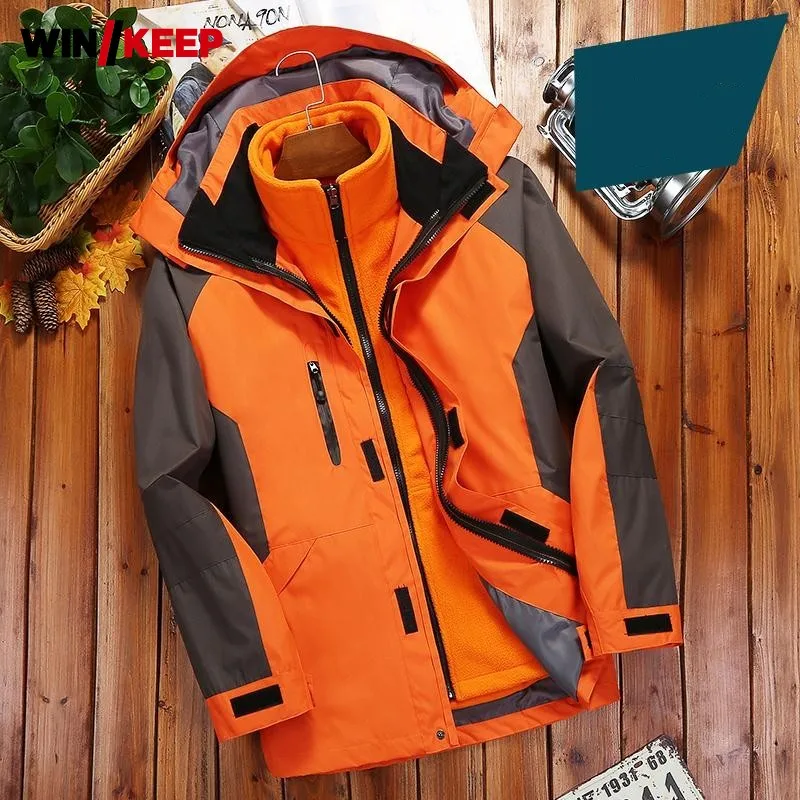 Winter Men Waterproof Fleece Jacket 2 Piece Detachable Outdoor Warm Outerwear Zipper Hooded Hiking Jacket Black