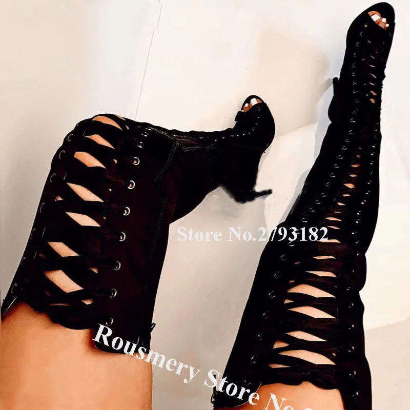 

Newest Fashion Peep Toe Suede Leather Over Knee Stiletto Heel Gladiator Boots Lace-up Slim Long High Heel Boots Big Size