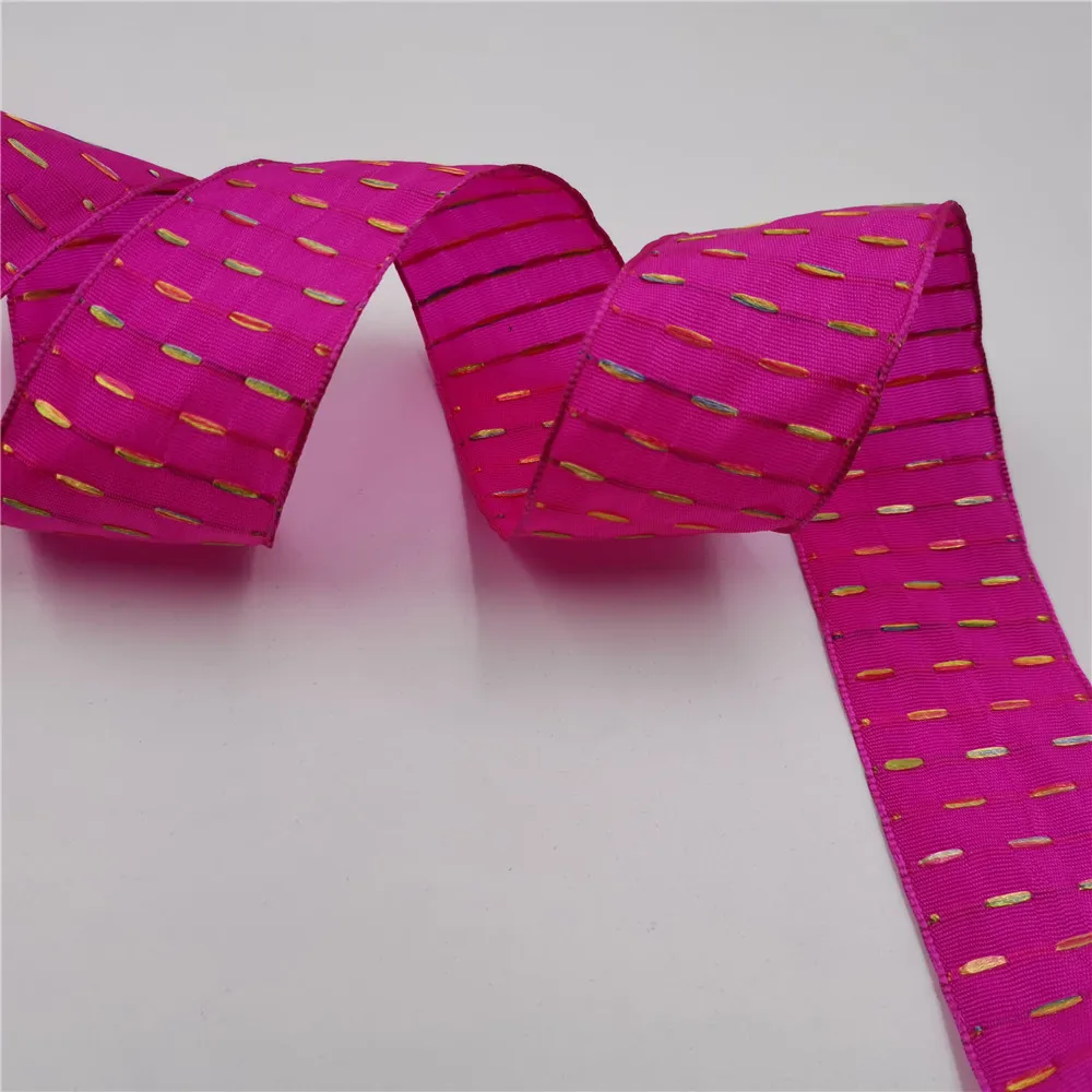 

38MM X 25yards Wired Edge Pink Ribbon with golden stitches for Christmas decoration wrapping gift packaging N1157