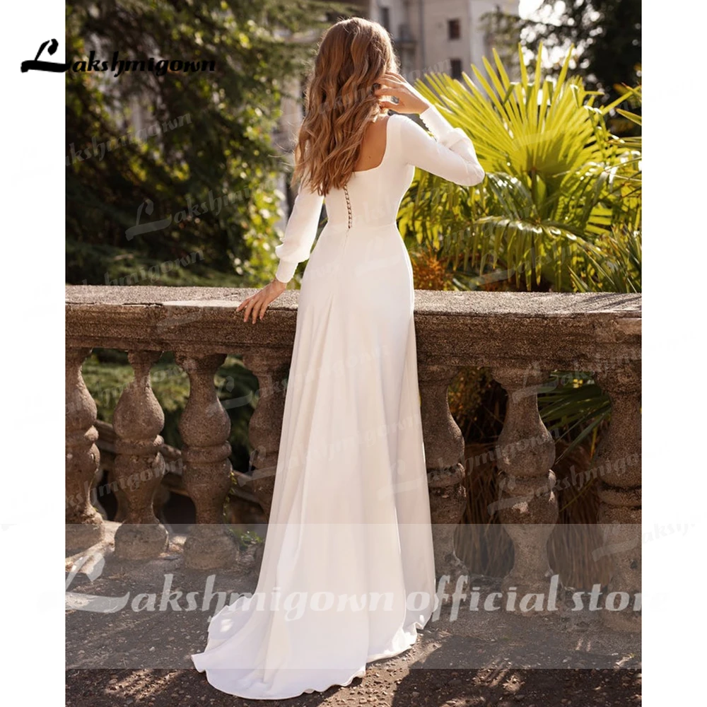 Robe de Mariée en Satin à Manches sulfet Col Carré, Simple, avec lèvent au Dos, pour la Plage, Nouvelle Collection