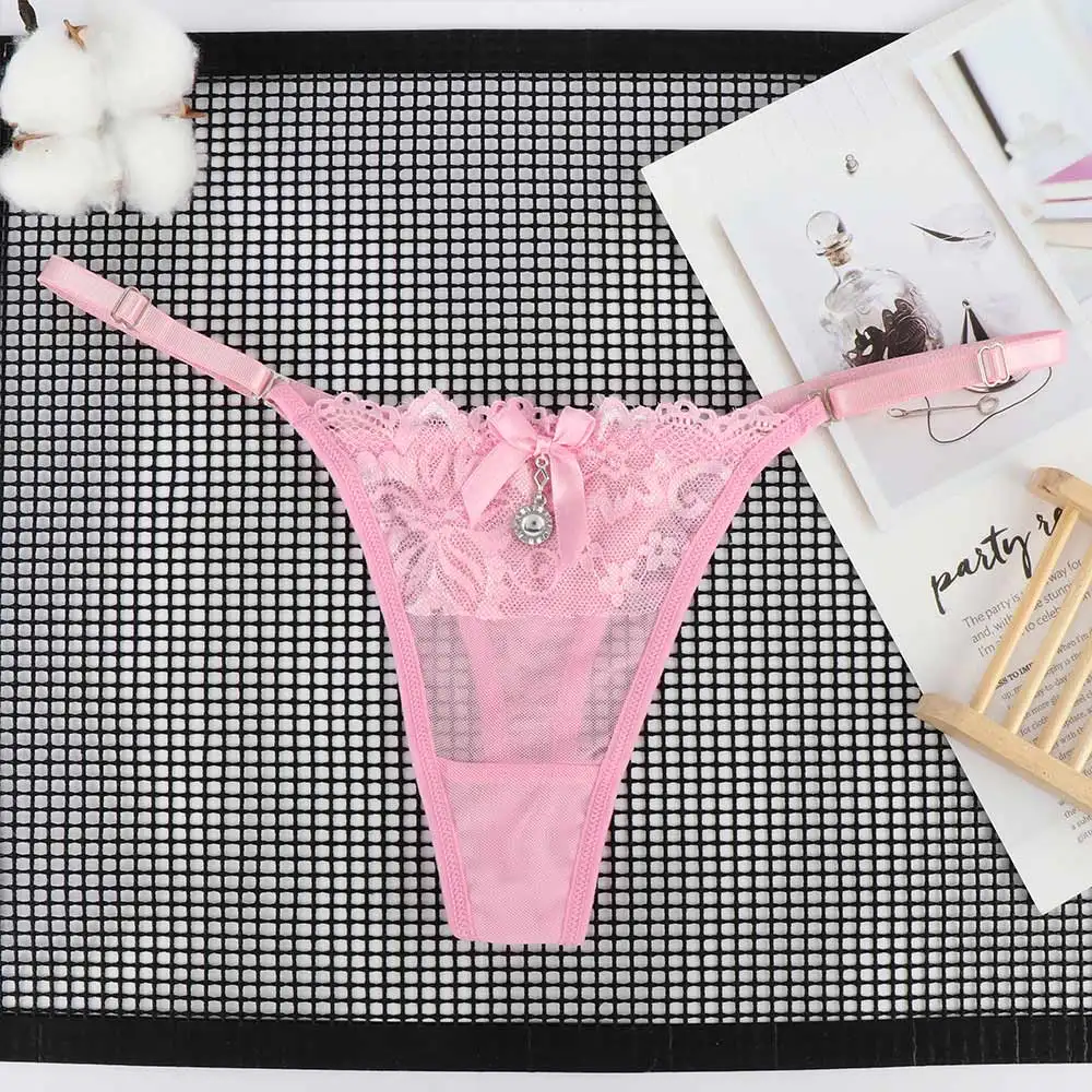 Bragas de encaje con colgante de perlas para mujer, Tanga bordado, parte trasera en T, ropa interior ajustable, lencería Sexy