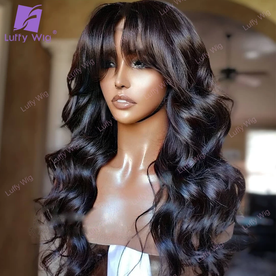 Wavy Human Hair Wig With Bangs Brazilian Remy Hair O Scalp Top Bang Wig 200 Density Wig Body Wave Glueless For Black Women LUFFY