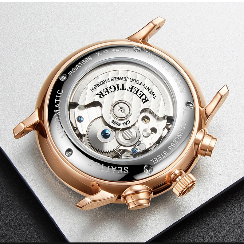 Męski zegarek automatyczny Reef Tiger 42MM, samonakręcający się, mechaniczny zegarek na rękę, wielo-funkcyjna tarcza, miesiąc, tydzień, data, szkło szafirowe typu bubble.