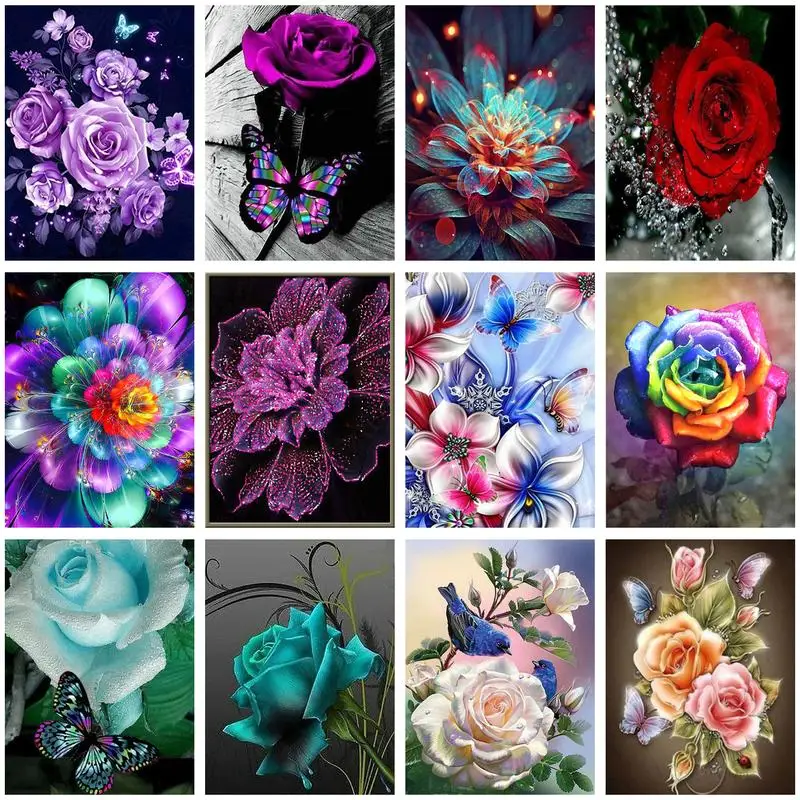 

RUOPOTY 5D DIY Diamond Embroidery Flowers Butterfly Rhinestone Art Diamond Painting Purple Rose Cross Stitch Kit Home Decoration