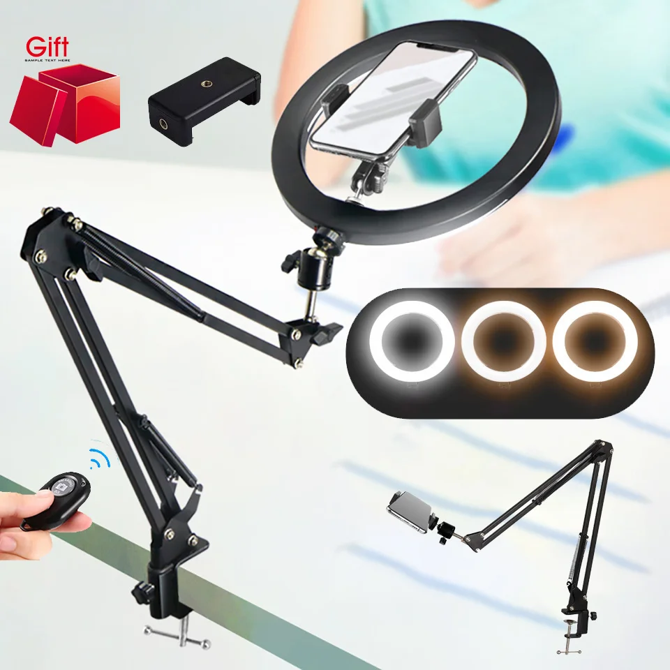 26CM Photography RingLight Circle Fill Lighting Round Lamp Selfie Soft Ring Light With Long Arm Phone Tripod Stand Holder Makeup