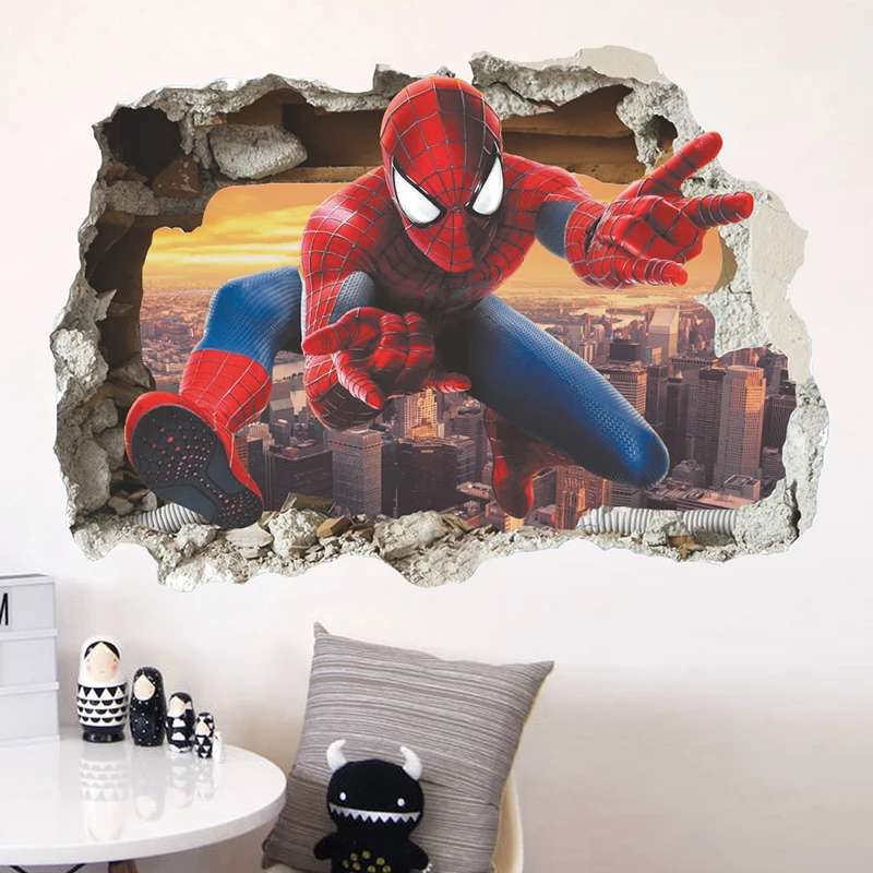 Pegatinas de pared con agujeros rotos en 3d para habitación de niños, Superhéroes, Spiderman, Batman, Ironman, Hulk, vengadores, Mural artístico, calcomanías para niños