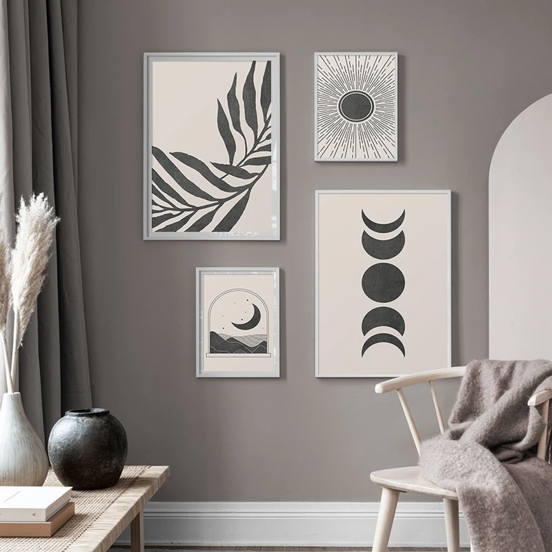Mid Century Modern Beige Bild Wandkunst Abstrakte geometrische Sonne Mondphase Boho Poster Blattdruck Leinwand Malerei Home Decor