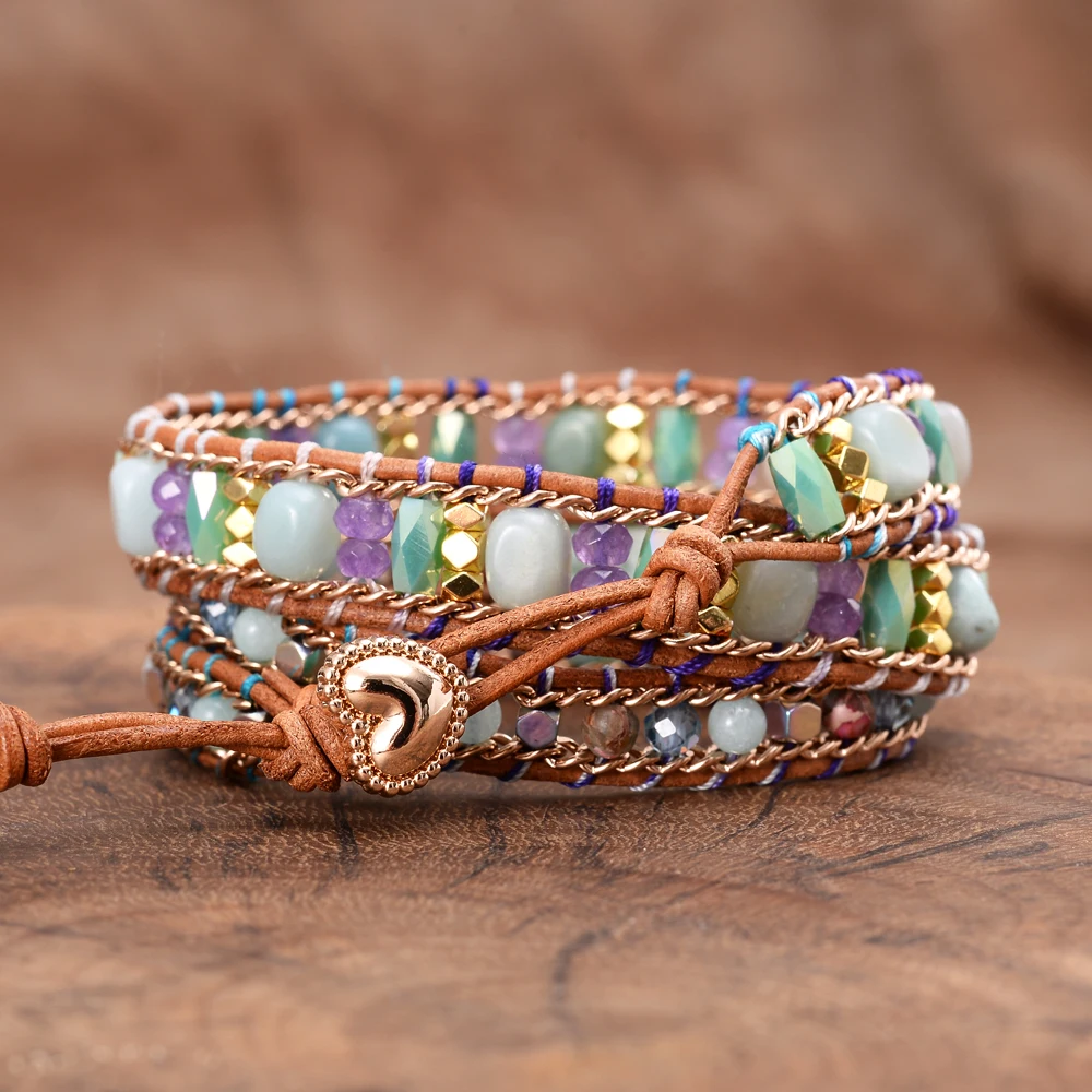 New Bee Charm 3 Strands Leather Wrap Bracelet Amazonite Natural Stone Crystal Weaving Statement Bracelet Bohemian Jewelry