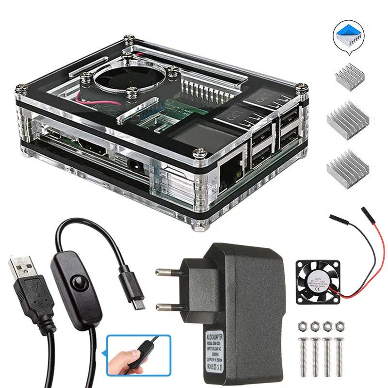 Raspberry Pi 3 B+9 Layers Acrylic Box Case with Cooling Fan + 3× Heat-Sinks 5V 2.5A Power Supply+Switch Cable for RPi 3 B+ 3B 2b