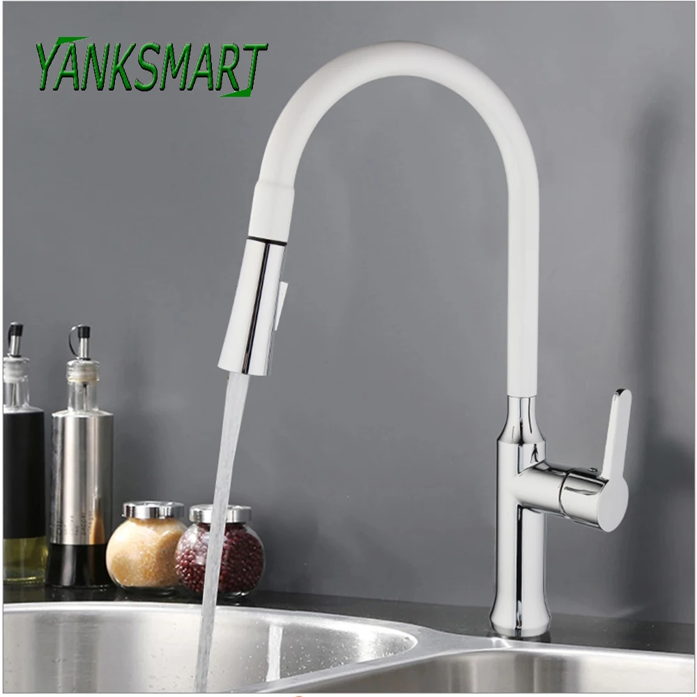 YANKSMART Modern White Paint Pull Down Kitchen Chrome Polished Faucet Cold And Hot Water Mixer Tap Deck Mounted Basin Sink Taps